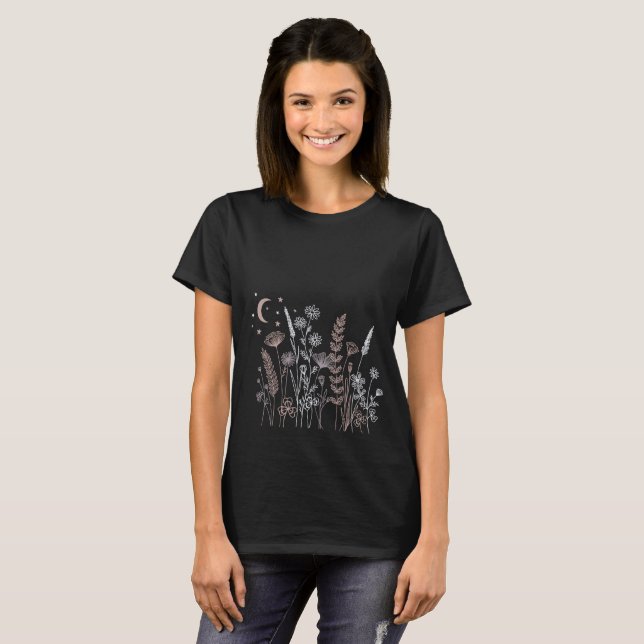 Boho natt himmel blomsterillustration – Måne, Stjä T Shirt (Hel framsida)
