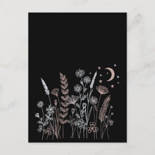 Boho natt himmel blomsterillustration – Måne, Stjä Vykort