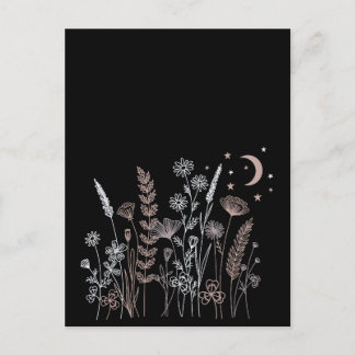 Boho natt himmel blomsterillustration – Måne, Stjä Vykort