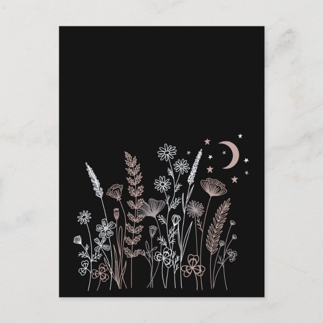 Boho natt himmel blomsterillustration – Måne, Stjä Vykort (Framsida)