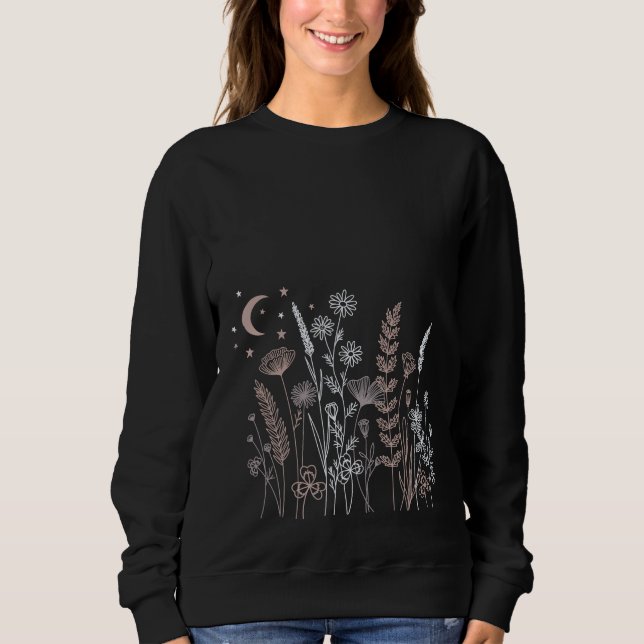Boho Nattlig Blommig Illustration – Måne, Stjärnor T Shirt (Framsida)