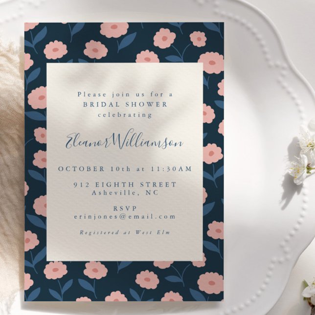 Boho Navy and Rosa Flowers Möhippa Inbjudningar (Skapare uppladdad)
