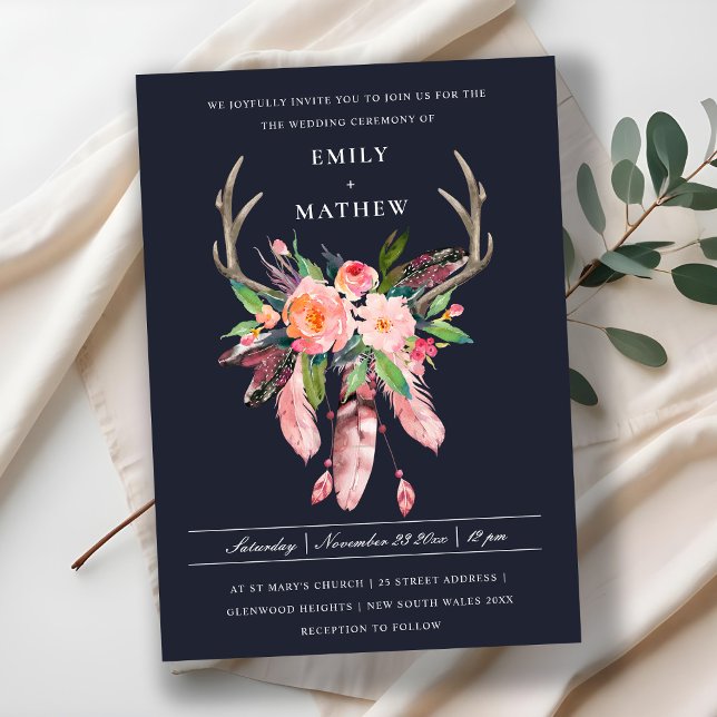 BOHO NAVY  ANTLER DREAM CATCHER FLORA BRÖLLOP INBJUDNINGAR (Skapare uppladdad)