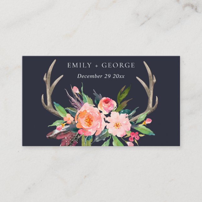 BOHO NAVY BARN  ANTLER BLOMMIGT BRÖLLOP WEBSITE VISITKORT (Framsida)
