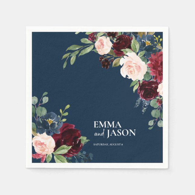 Boho Navy Blommigt Burgundy  Bröllop Napkins Pappersservett (Framsidan)