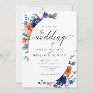 Boho Navy Blommigt Burnt Orange Elegant bröllop Inbjudningar