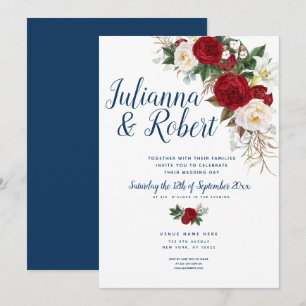 Boho Navy Blue and Burgundy Blommigt Watercolor Inbjudningar