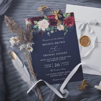 Boho Navy Blue Burgundy Budget QR Code Wedding Inbjudningar