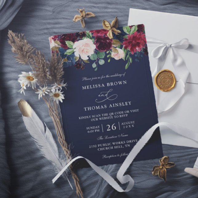 Boho Navy Blue Burgundy Budget QR Code Wedding Inbjudningar (Skapare uppladdad)