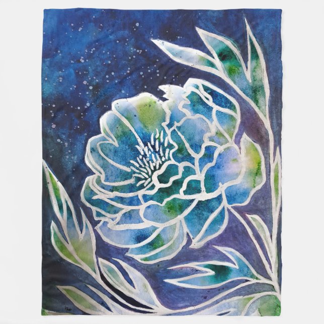 Boho Navy Blue Celestial Dahlia Blommigt Watercolo Fleecefilt (Framsidan)