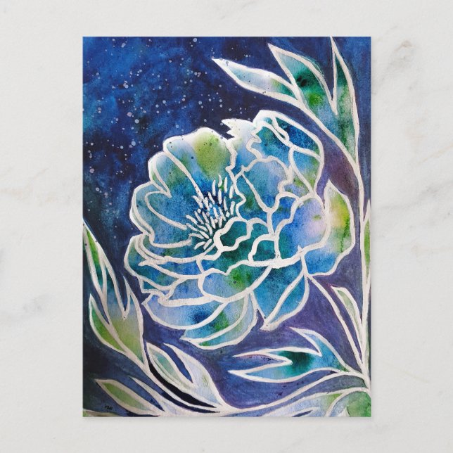 Boho Navy Blue Celestial Dahlia Blommigt Watercolo Vykort (Framsida)