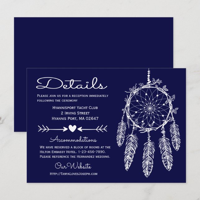 Boho Navy Blue Details Dreamcatcher Tribal Bröllop Inbjudningar (Fram/baksida)