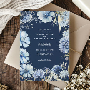 Boho Navy Blue Guld Wildblommor Botanical Bröllop Inbjudningar