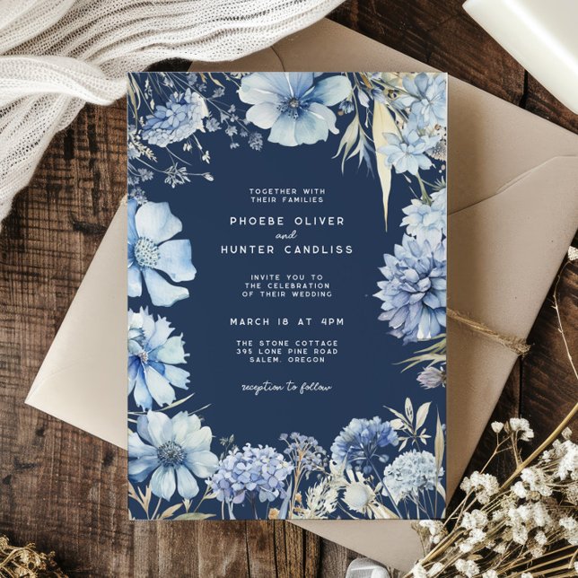 Boho Navy Blue Guld Wildblommor Botanical Bröllop Inbjudningar (Skapare uppladdad)