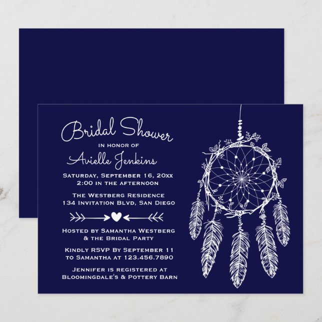 Boho Navy Blue Möhippa Dream Catcher stammen Inbjudningar (Fram/baksida)