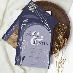 Boho navy Blue namn script arch bröllop Inbjudningar