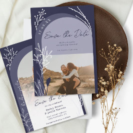 Boho navy Blue namn script arch bröllop Spara Datumet