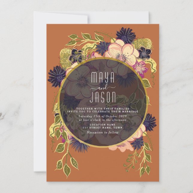 Boho Navy Blue och Terracotta Wedding bjudande Inbjudningar (Framsida)