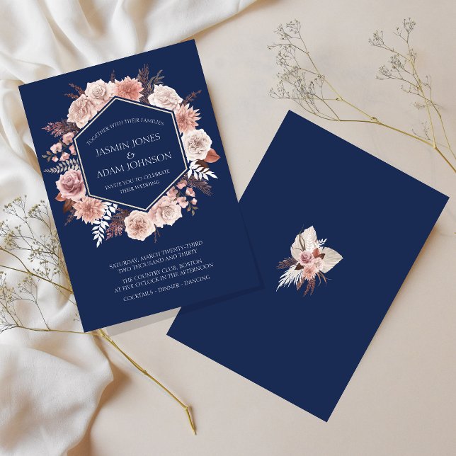 Boho Navy Blue Rosa Blommigt Utandning Bröllop Inbjudningar (Boho Navy Blue Pink Floral Wreath Wedding Invitation)