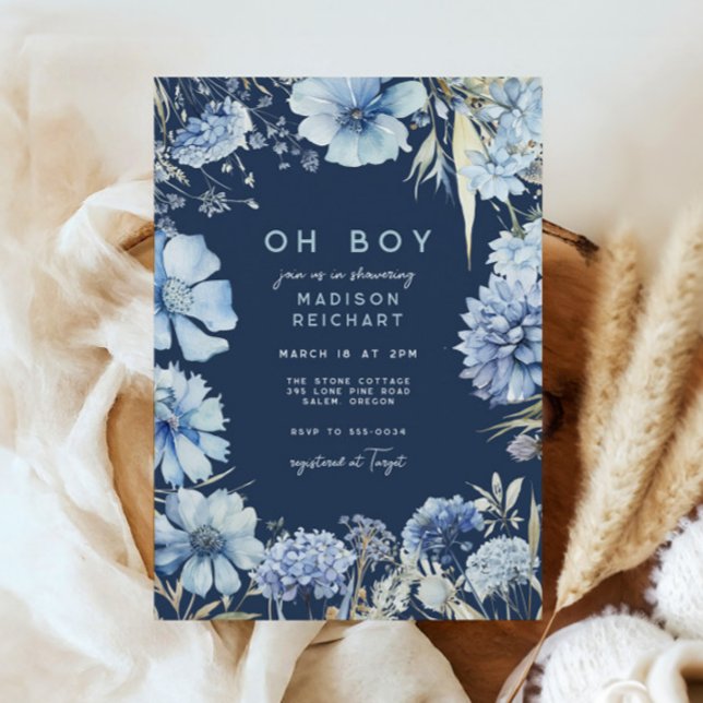 Boho Navy Blue Wildblomma Blommigt Boy Shower Inbjudningar (Skapare uppladdad)