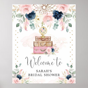 Boho Navy Blush Resemott Bröllopsdusch Välkommen Poster