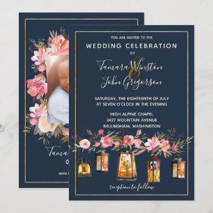 Boho Navy & Coral Blommigt String Ljus Photo Inbjudningar