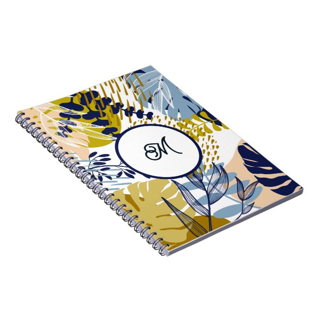 Boho Navy Grönt Tan Löv Notebook Anteckningsbok (Högra Sidan)