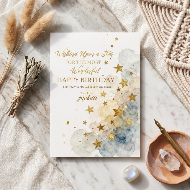 Boho Navy Guld Vattenfärg Celestial Stjärnfödelsed Kort (Skapare uppladdad)