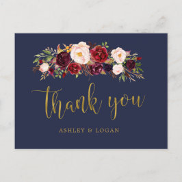 Boho Navy och Guld Blommigt Bröllop Tack Vykort