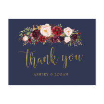 Boho Navy och Guld Blommigt Bröllop Tack
