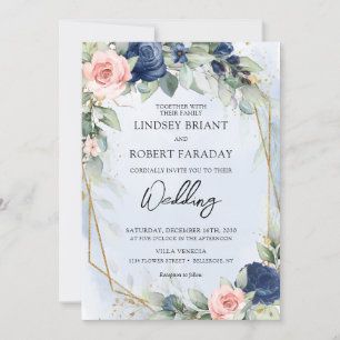 Boho navy och guld ram och eukalyptus inbjudningar