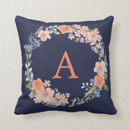 Boho Navy och Peach Monogram Blommigt Wand Pillow Kudde