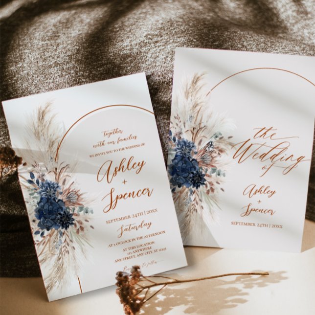 Boho Navy Pampas Bröllopsinbjudan Kort (Boho Navy Pampas Wedding Invitation Card)