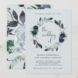 Boho Navy Peony Blommigt Wandeon Grått Bröllop Inbjudningar