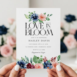 Boho Navy Rosa Blommig Kärlek i Blom Bröllopsdusch Inbjudningar