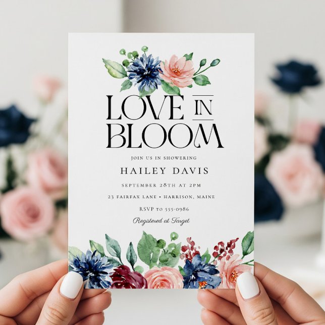Boho Navy Rosa Blommig Kärlek i Blom Bröllopsdusch Inbjudningar (Skapare uppladdad)