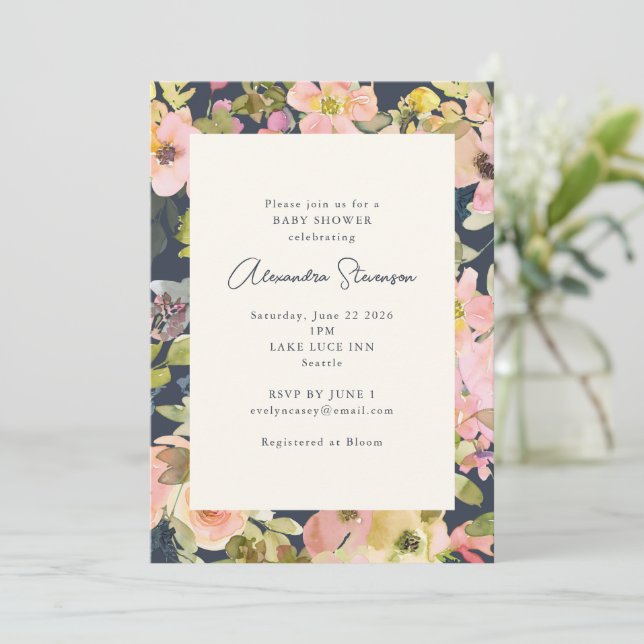 Boho Navy  Watercolor Blommigt Baby Shower Inbjudningar (Stående Fram)
