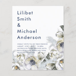 BOHO Navy White Blommigt Pampas Grass Bröllop Flygblad