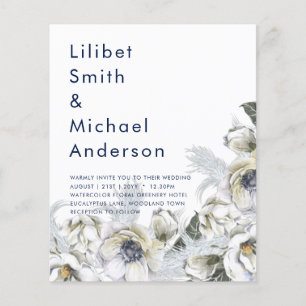 BOHO Navy White Blommigt Pampas Grass Bröllop Flygblad