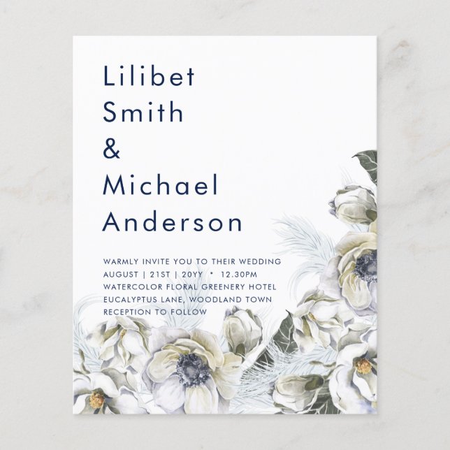 BOHO Navy White Blommigt Pampas Grass Bröllop Flygblad (Framsidan)