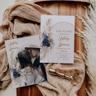 Boho Navyblå Pampas Foto Spara Datum Kort