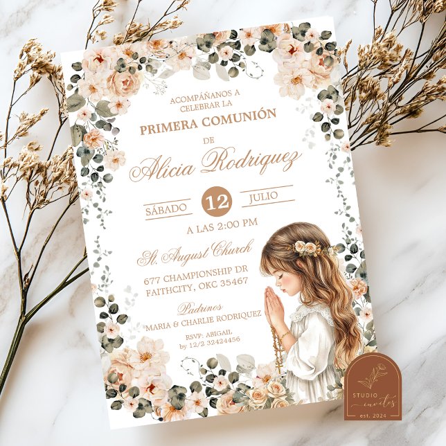 Boho Neutral Blommig Första Nattvarden Inbjudan (Skapare uppladdad)