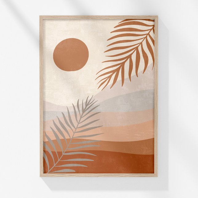 Boho Neutral Botanisk Landskapsvägg Art Poster (Boho Neutral Abstract Landscape Botanical Wall Art in a wooden frame on a sunny white wall.)