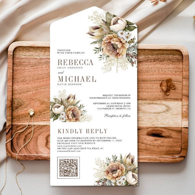 Boho Neutral Earthy Blommig Taupe QR-kod Bröllop (Skapare uppladdad)