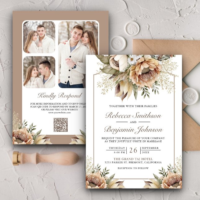 Boho Neutral Earthy Blommig Taupe QR-kod Bröllop Inbjudningar (Skapare uppladdad)