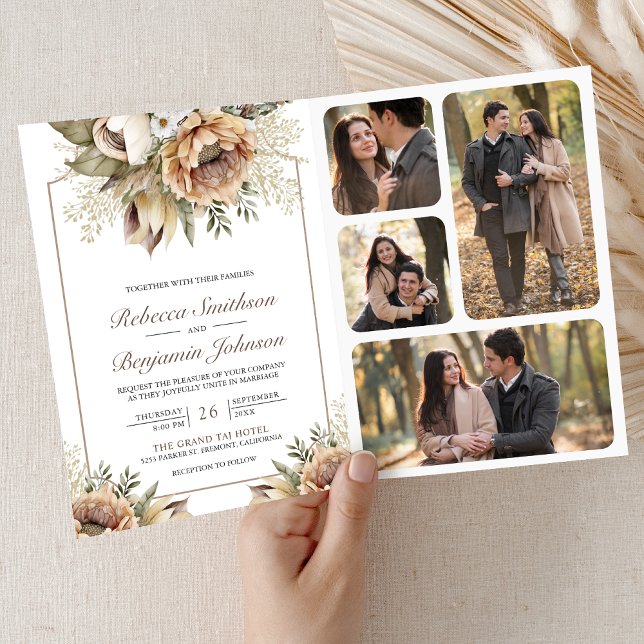 Boho Neutral Jordnära Blommig Taupe QR-kod Bröllop Inbjudan (Skapare uppladdad)