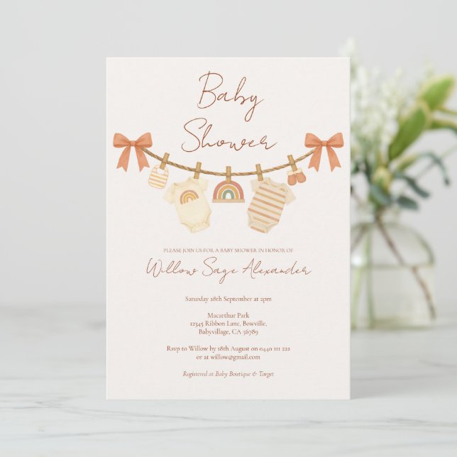 Boho Neutral Klädstreck Baby Shower Inbjudningar (Stående Fram)