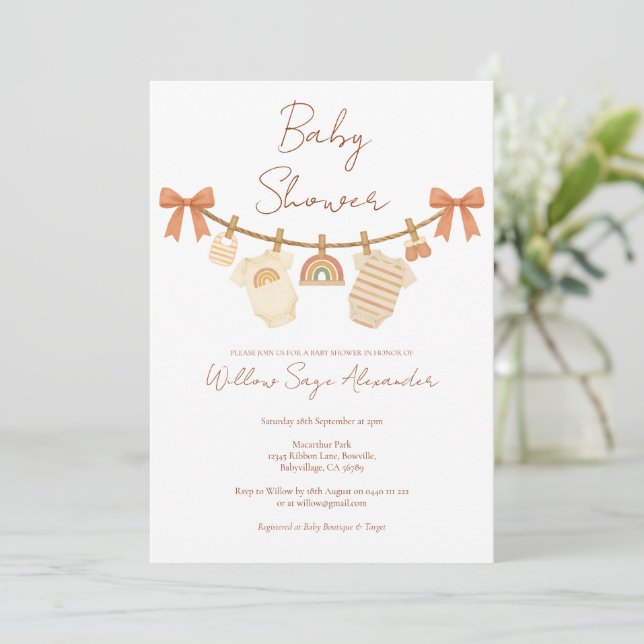 Boho Neutral Klädstreck Baby Shower Inbjudningar (Stående Fram)