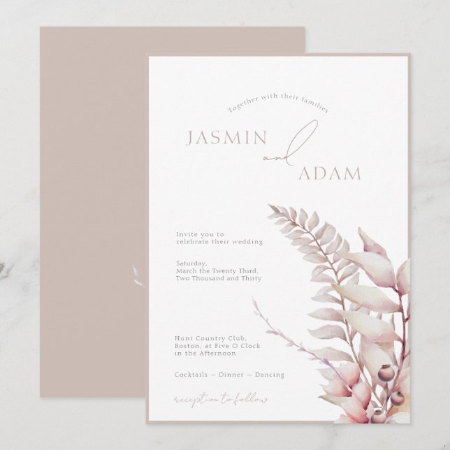 Boho Neutral Mjuk Rosa Blommig Bröllop Inbjudningar (Fram/baksida)