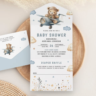 Boho Neutral Nalle Björn Blå Flygplan Baby Shower